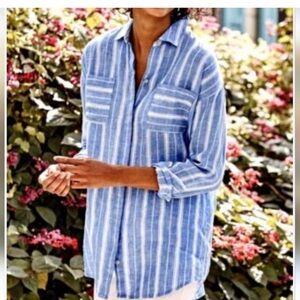 J.Jill love linen Womens Shirt button up striped blue XL coastal Resortwear